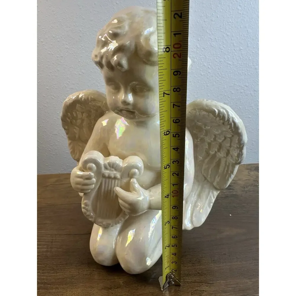 Vintage Iridescent Porcelain Angel Figurine Kneeling Harp 9.5”